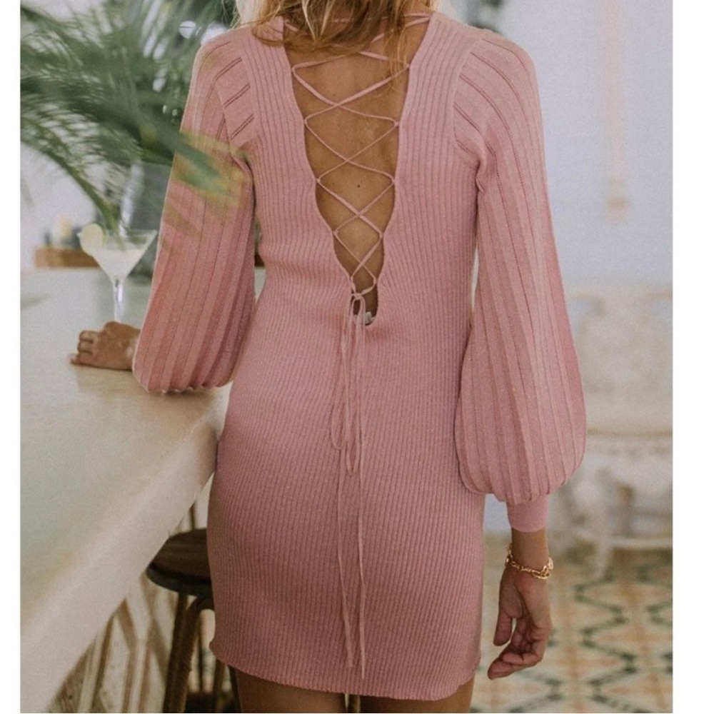 Spell & the Gypsy Margot Pink Ribbed Metallic Knit Lace Back Dress